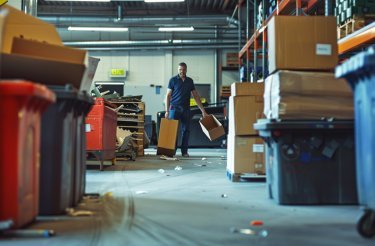 man with cardboard boxes standing surrounded by cardboard waste