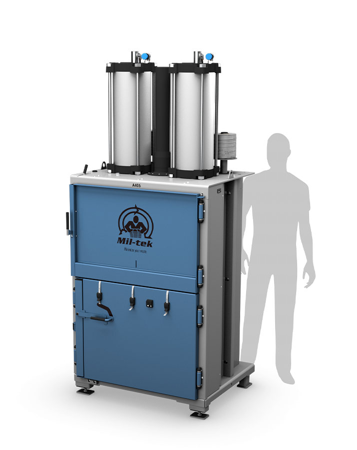 A406-2026-blue-and-gray-cardboard-and-plastic-compactor-Mil-tek-New-Zealand